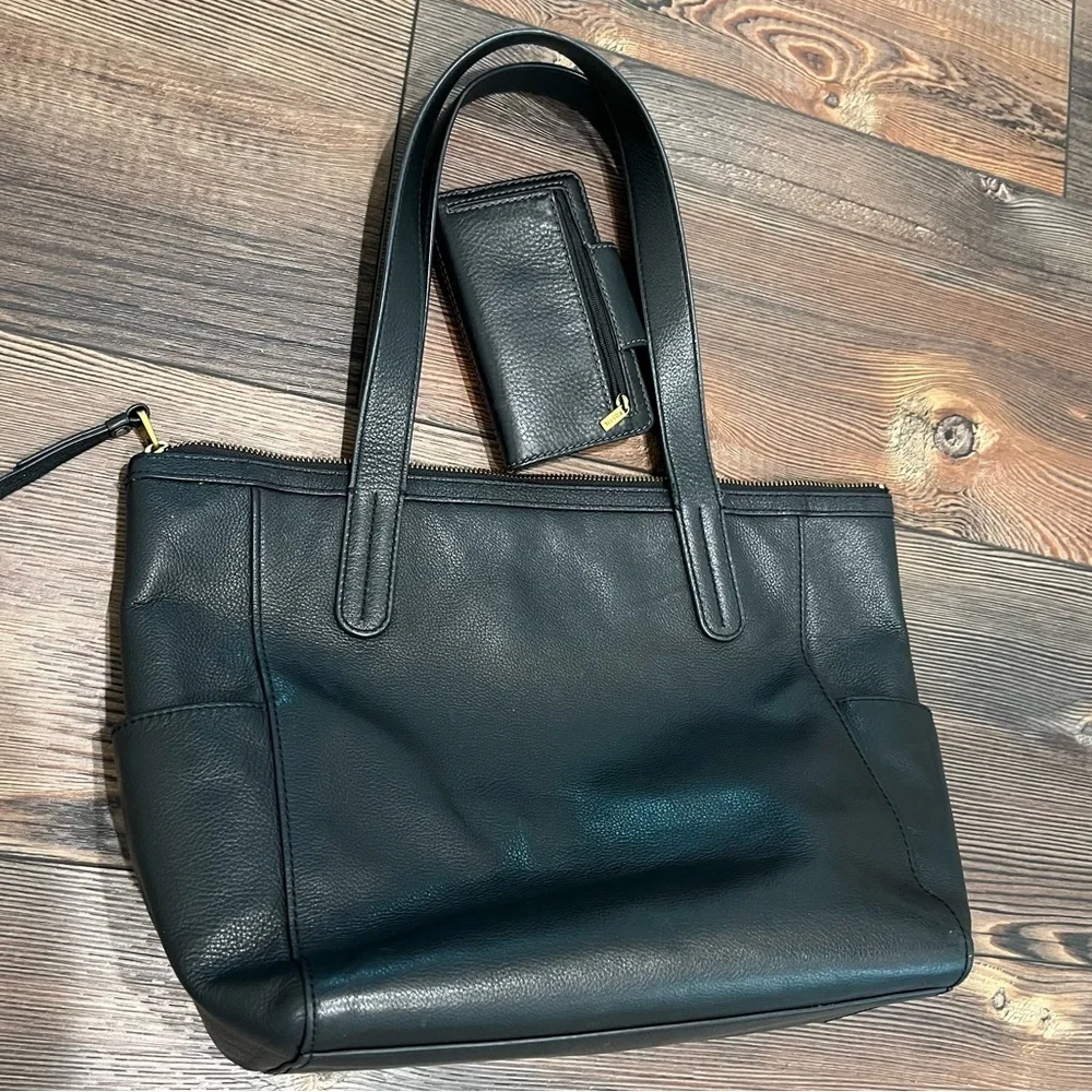 FOSSIL TOTE WALLET SET GENUINE LEATHER BLACK GOLD HARDWARE